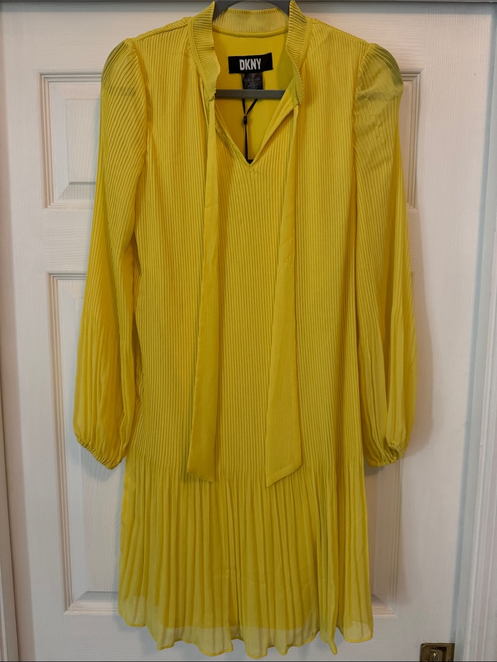 DKNY Bright Yellow Pleated Long-Sleeve Tie-Neck Dress